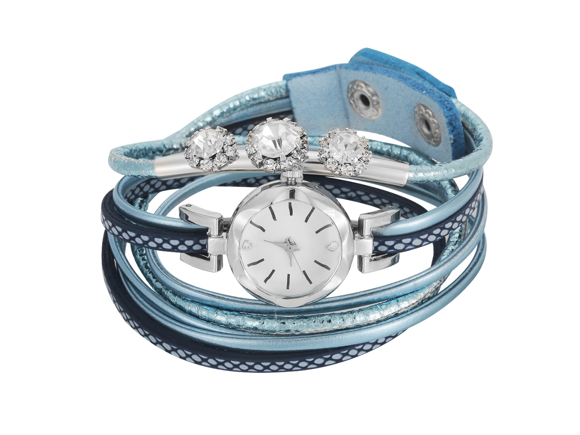 Relógio Pulseira Feminino com Strass Correa Pu Dial Redondo Relógio de Quartzo Azul