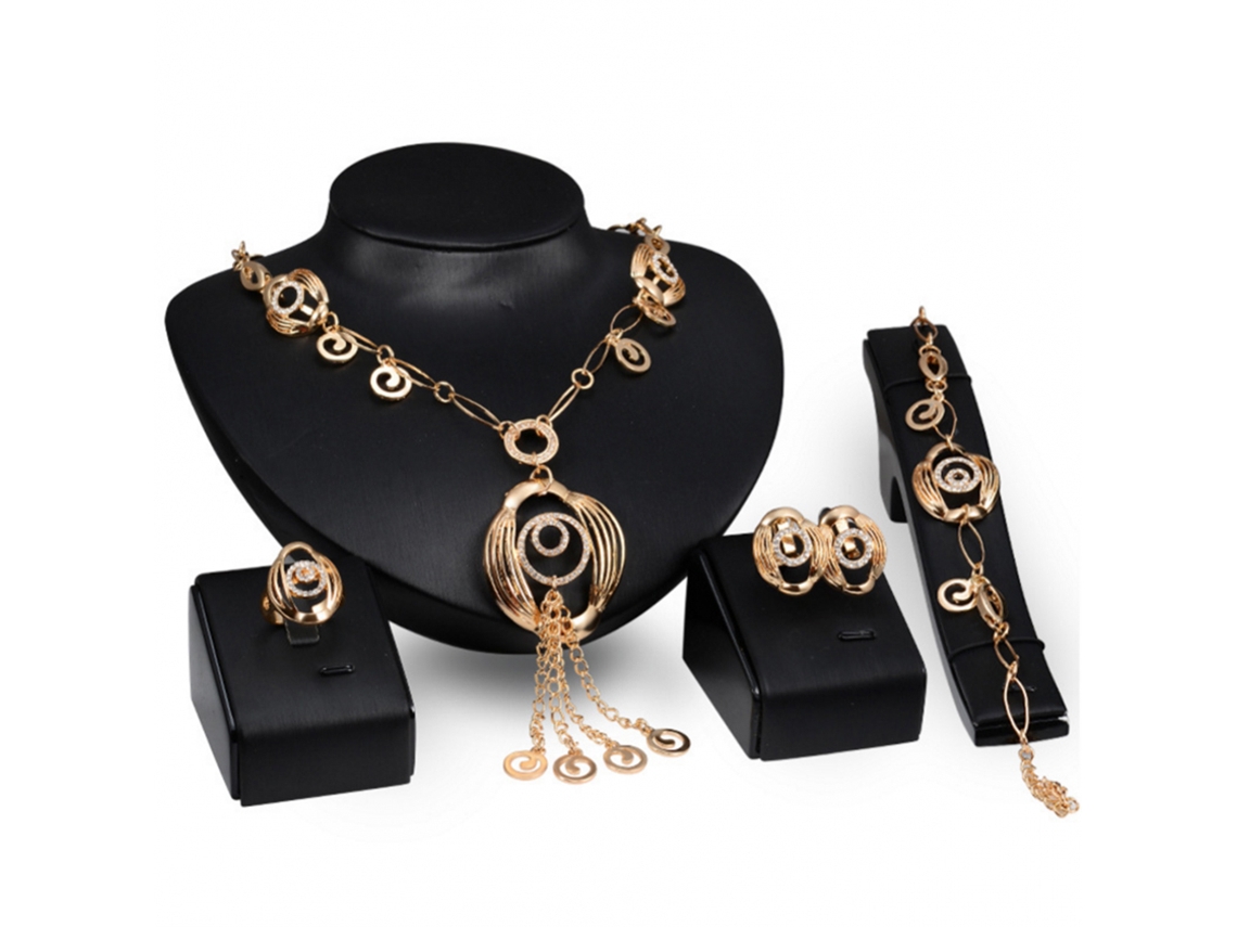 Jóias Vintage Liga Com Zircônias Ocos: Colar Brincos Anel Pulseira