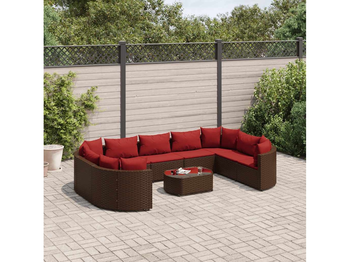 Vidaxl 10 Pcs Conj. Sofás Jardim Com Almofadões Vime Pe Castanho