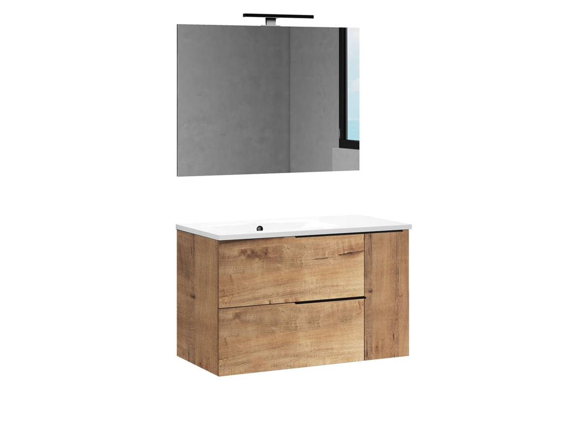Móvel Banheiro Com Pia, Espelho E Luz Led Tribu 80x45 Cm Acabamento Carvalho Ostippo Fosco 2 Gavetas Suspenso Kibath
