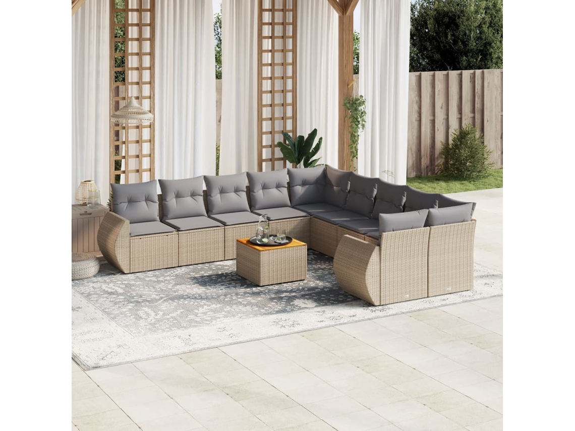 Vidaxl 11 Pcs Conjunto Sofás De Jardim C/ Almofadões Vime Pe Bege
