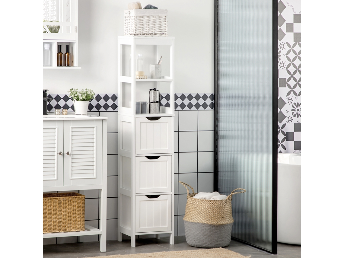 Armario Alto De Baño Estrecho Con 3 Cajones Y 2 Estantes Abiertos Estilo Moderno 30x30x141,6 Cm Blanco