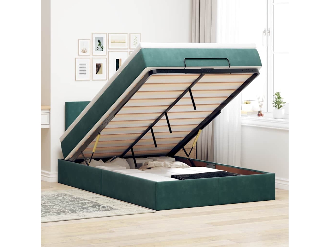 Estrutura De Cama Otomana Com Colchão Verde Escuro Veludo