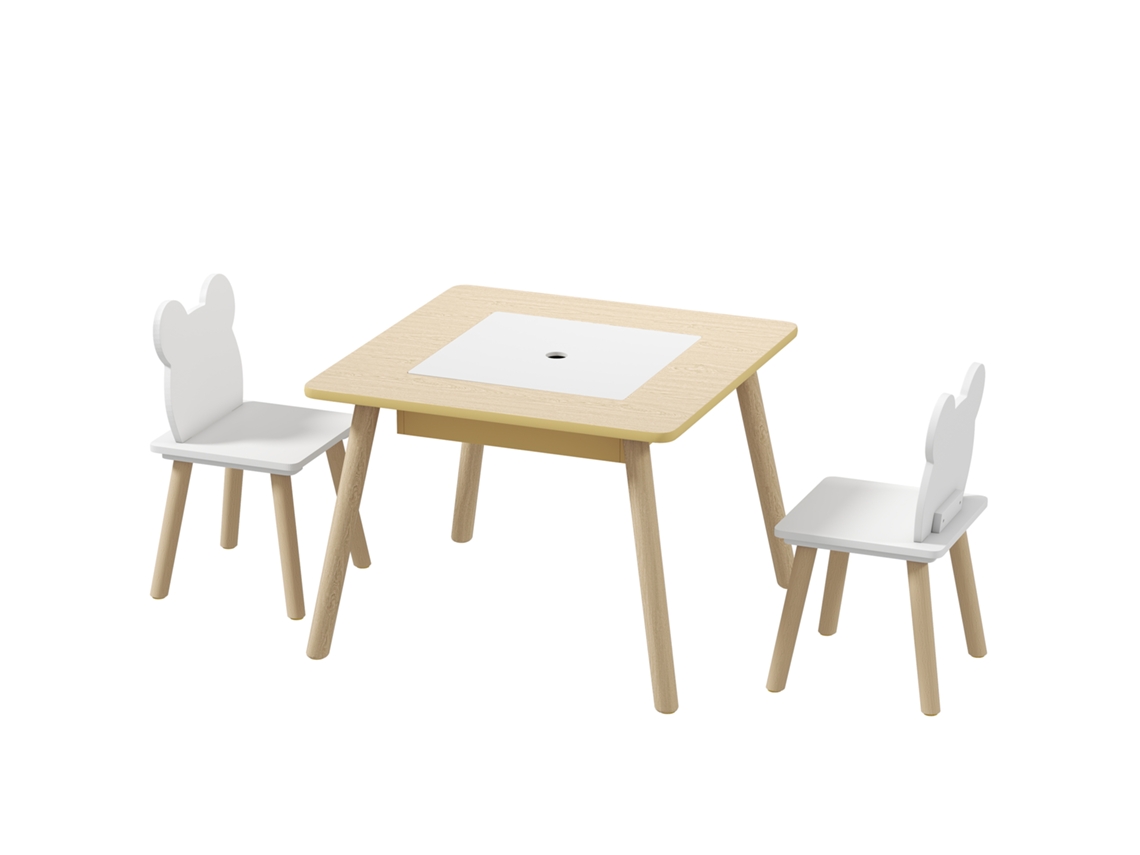 Conjunto De Mesa E 2 Cadeiras Em Forma De Ursinho E Compartimentos Ocultos, Cor Branco, Em Madeira, Com Encosto