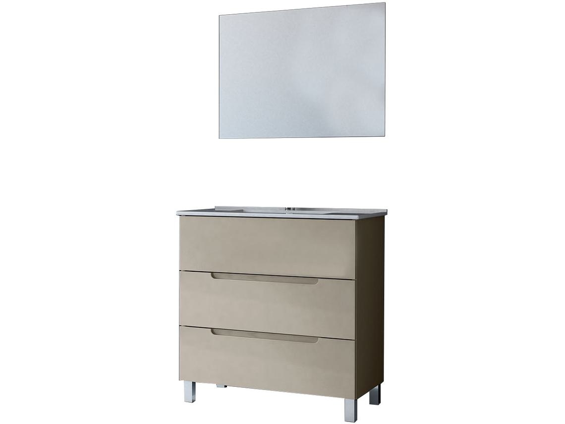 Móveis de casa de banho com lavatório, espelho e aplique LED VICTORIA 80x45 cm acabamento Moka mate 3 gavetas com pés