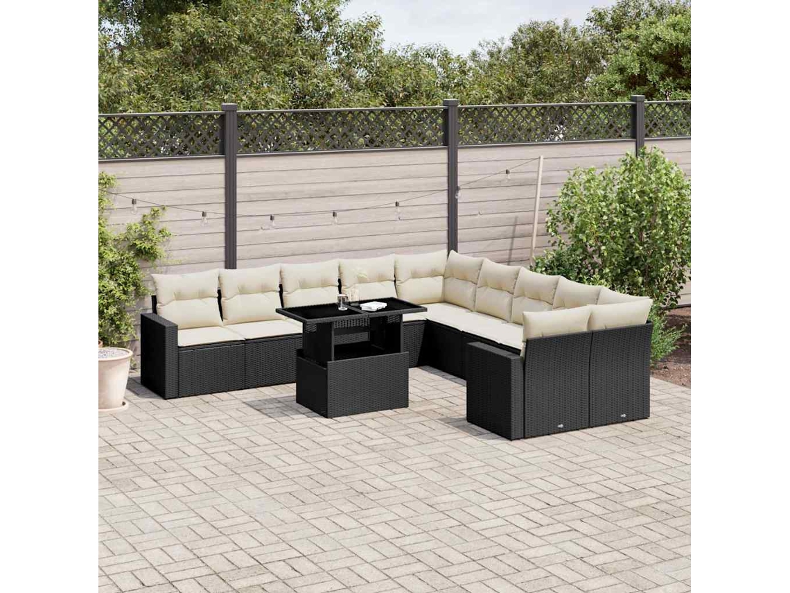 Vidaxl 11 Pcs Conjunto Sofás De Jardim C/ Almofadões Vime Pe Preto