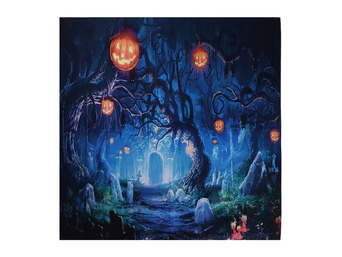 Cenário Halloween Cemitério Assombrado com Abóboras e Lanternas, 230x180cm LAXISCREED