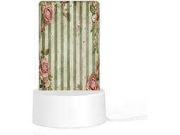 Luminária noturna LED acrílica plug and play com base de plástico, estampa de rosas e plantas verdes.