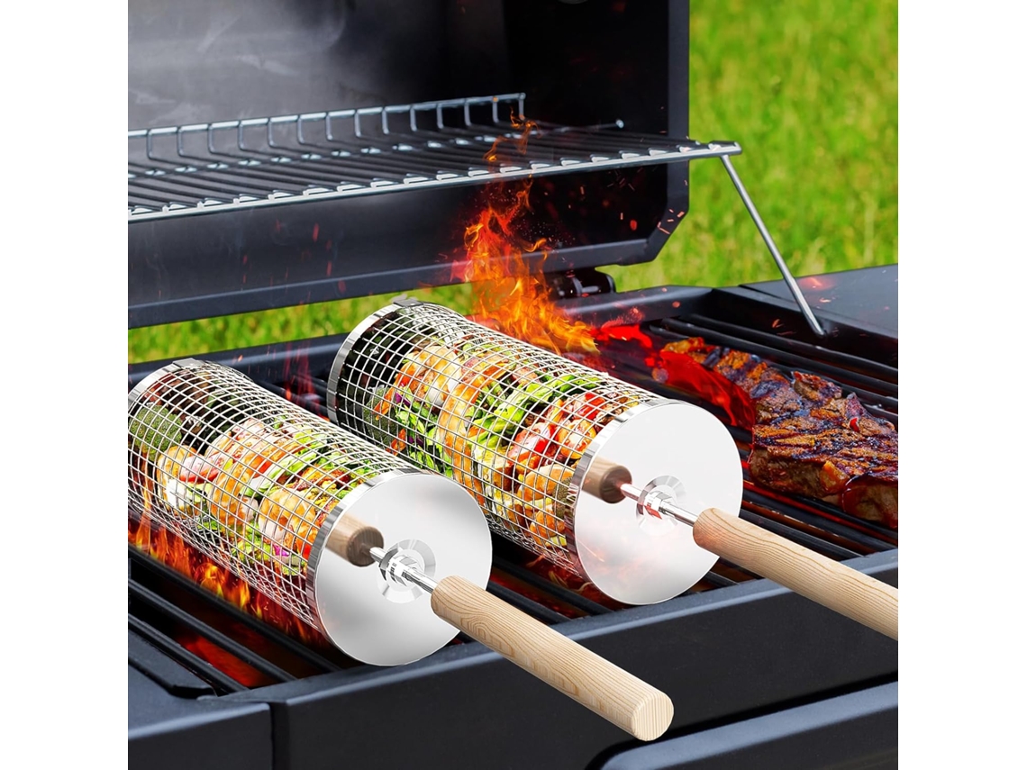 Cesto giratório para cozinhar, acessórios para churrasco, empilhável, aço inoxidável 304, cabo removível, utensílios de cozinha para grelhar legumes.