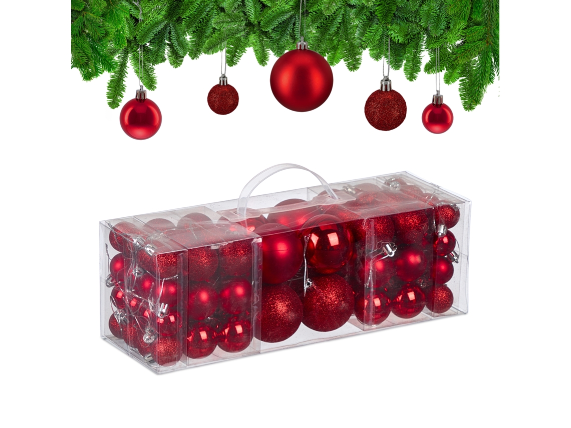 Relaxdays Bolas De Natal Em Conjunto De 76, Plástico, Bolas Mate, Brilhantes E Cintilantes, Vermelho