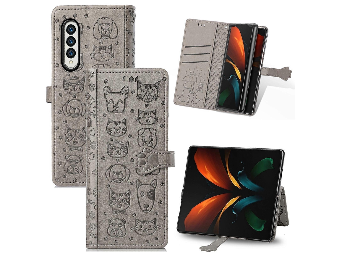 Capa De Couro Flip Horizontal Com Estampa De Gato E Cachorro Adorável Para Samsung Galaxy Z Fold3 5g, Com Suporte, Compartimentos Para Cartão E Cartei