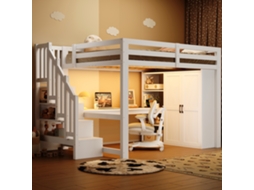 Cama Alta 140x200 com Escrivaninha Prateleiras e Led Branca