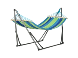 Cama Rede Com Suporte Dobrável 2 Em 1 Estendal Com Barra Estrutura De Aço Para Jardim 270x100x94 Cm Azul E Verde