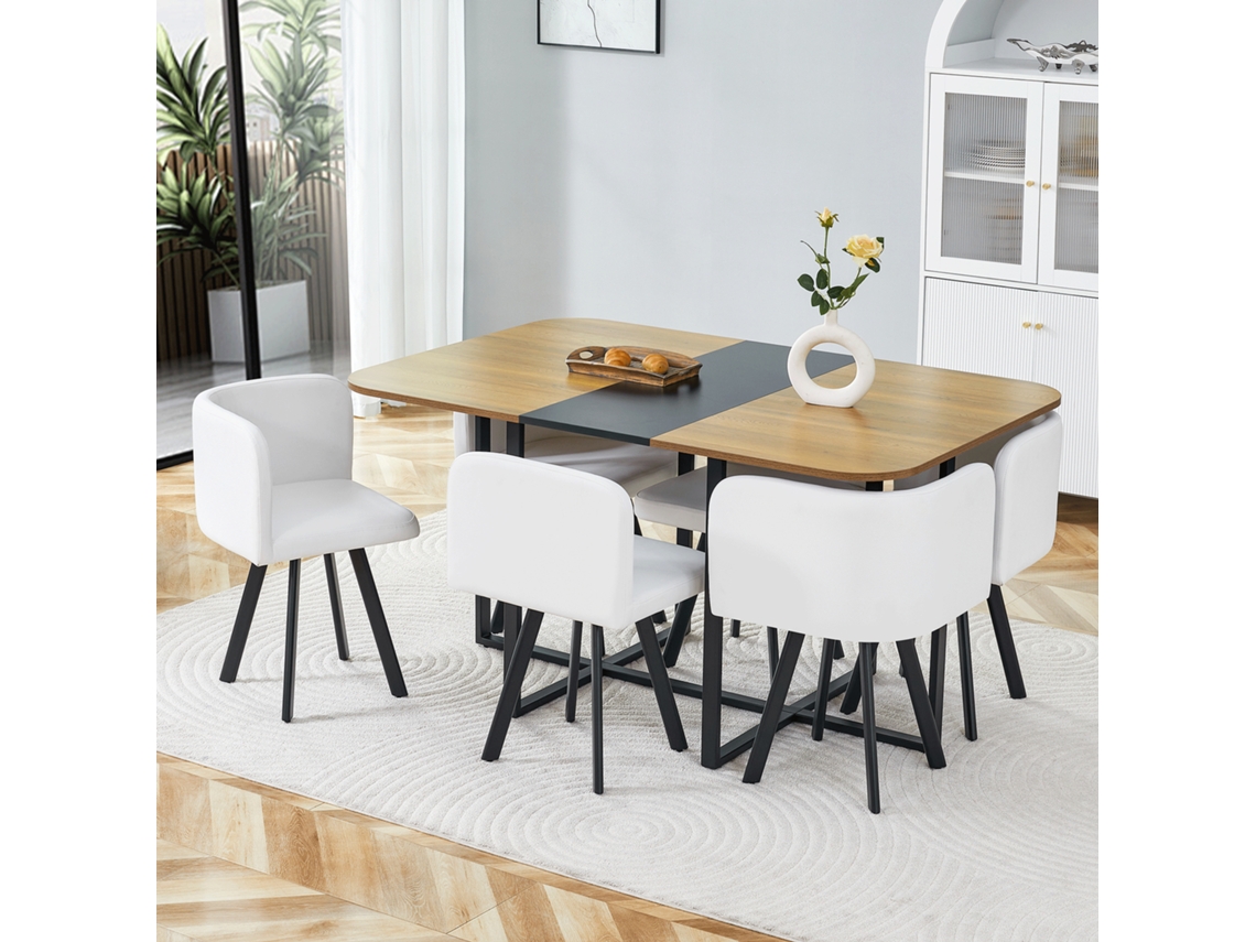 Conjunto De Mesa De Jantar Com Tampo Imitação De Madeira, Estrutura Metálica Preta, Para 4-6 Pessoas, Ideal Para Cozinha E Sala