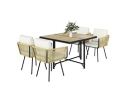 Conjunto de mesa e cadeiras de jardim 5 peças em rattan, mesa de madeira plástica, 4 cadeiras com almofadas removíveis, bege QINGYU TECH