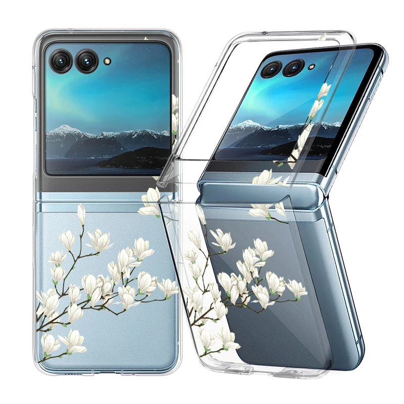 ((a422)razr 60) Capa Dobrável Transparente Com Estampa Floral, Resistente A Impactos, Em Pc Rígido.
