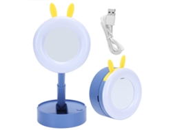 Espelho de maquiagem portátil LED 2026 para meninas, luminária de mesa dobrável azul.