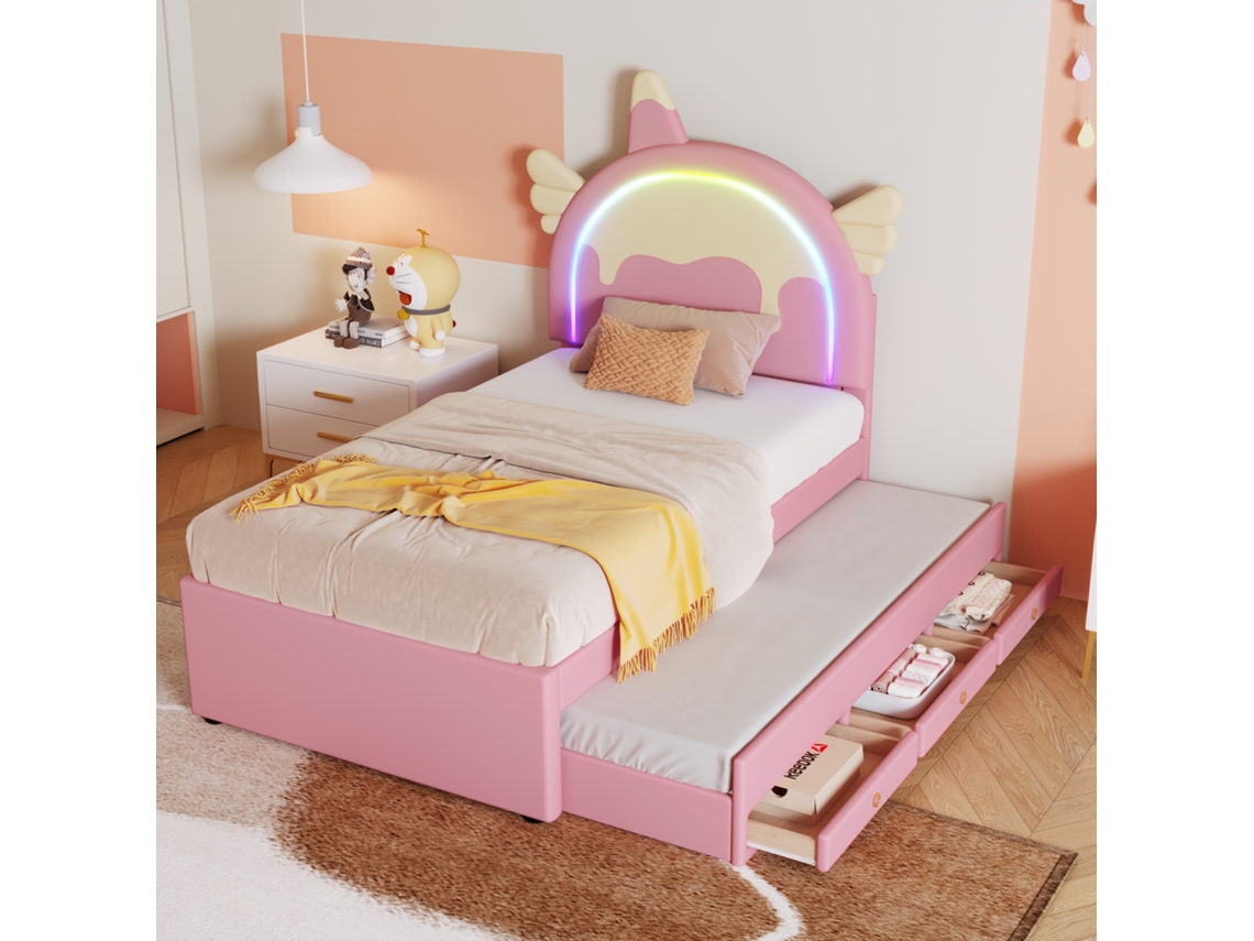 Cama Unicórnio 90x200 Rosa Pu Extensível Divertida