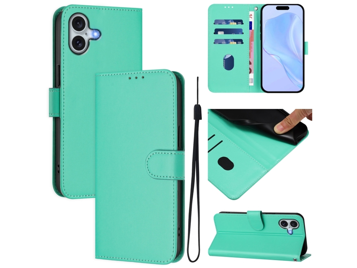 Capa De Couro Sintético Para Iphone 16 Plus - Toque Suave - Cor Sólida - Com Cordão