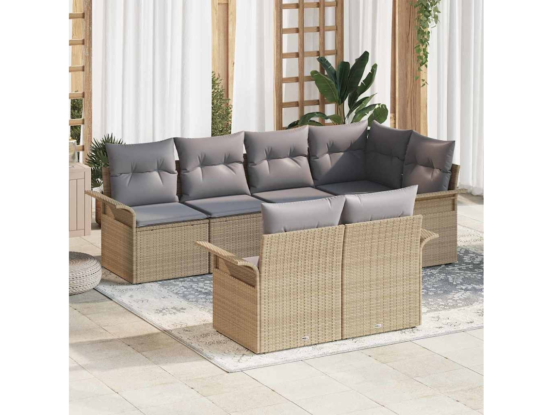 Vidaxl Conjunto De Sofá De Jardim Com Almofada 7 Pcs Bege Vime Pe