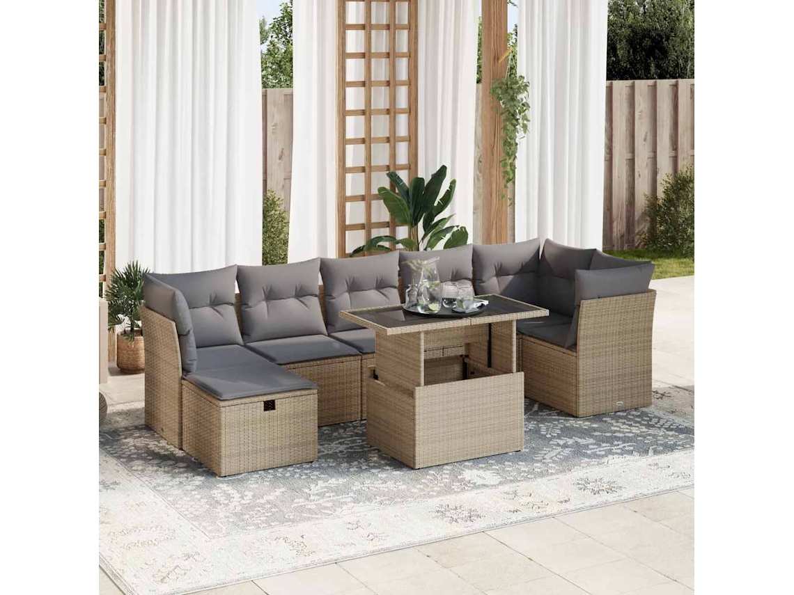 Vidaxl 8 Pcs Conjunto De Sofás P/ Jardim Com Almofadões Vime Pe Bege