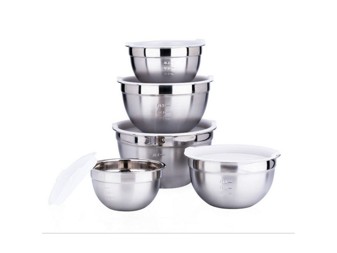 Set De 5 Tazones De Acero Inoxidable Com Tampas Plásticas, 3l/2l/1,6l/1,2l/0,8l, Para Misturar, Saladas, Armazenar E Servir