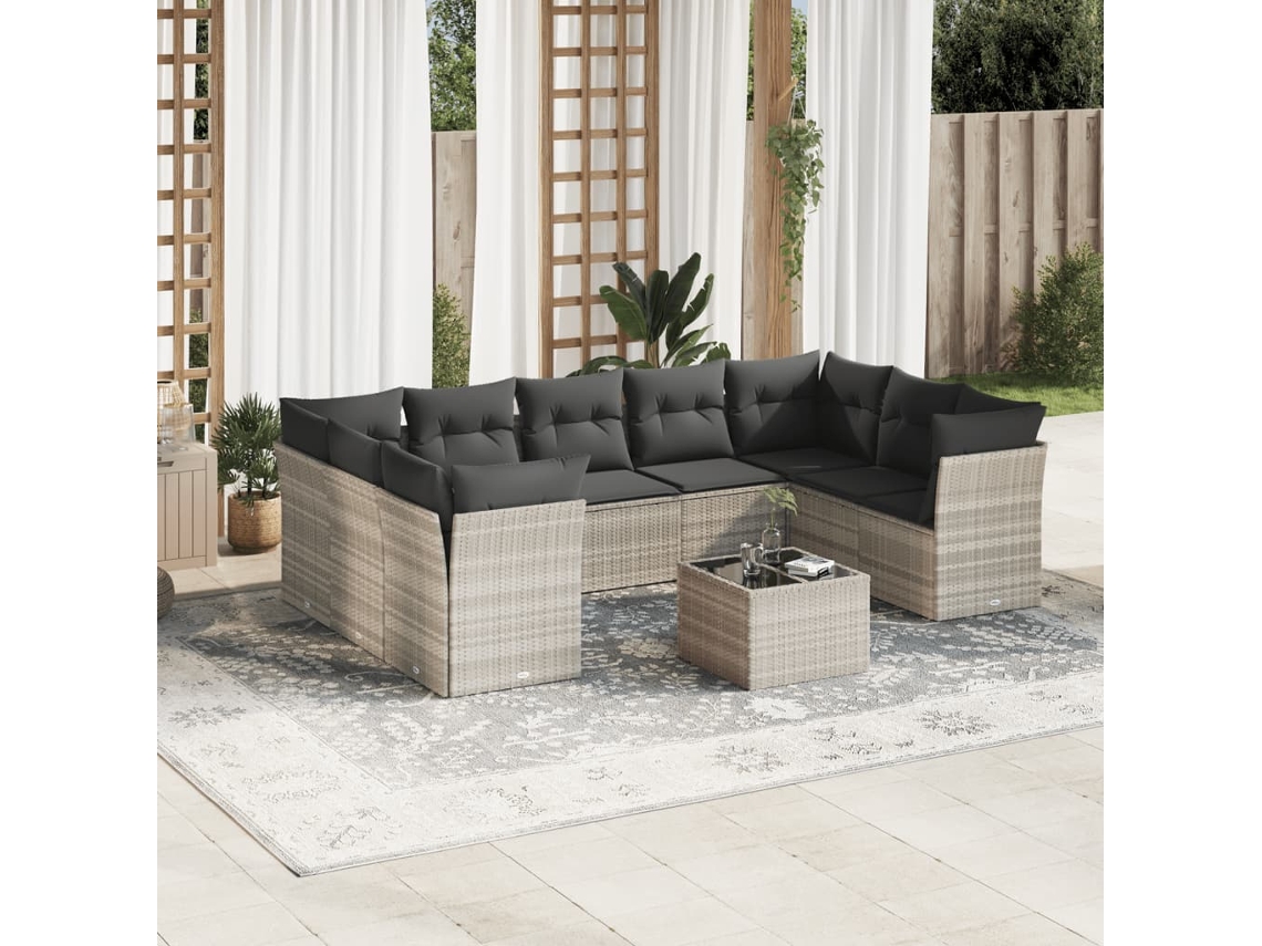Vidaxl 10 Pcs Conj. Sofás Jardim Com Almofadões Vime Pe Cinzento-claro