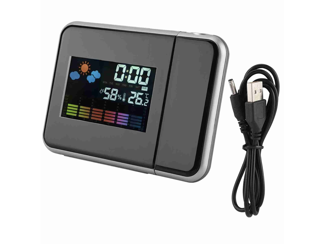Projetor digital de previsão do tempo LED com relógio despertador e exibição de umidade preto S/MARCA