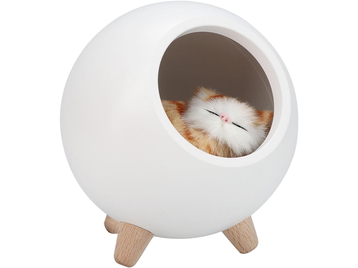 Luminária Noturna Em Formato De Gato Com Acabamento Abs E Madeira Led