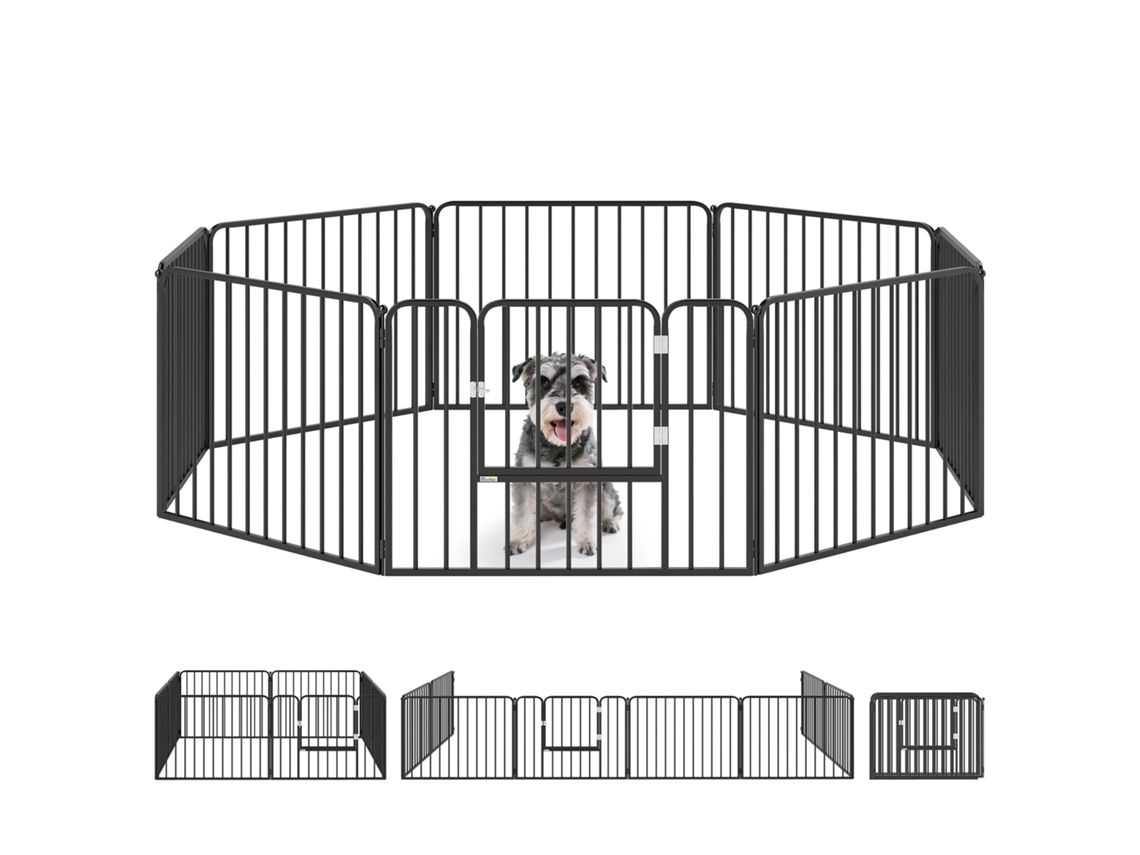 Caixa para Cães Médio e Pequeno com 8 Painéis Modulares para Uso Interno e Externo, Portão de Aço com 9 Pinos,, 164x164x60 Cm Preto