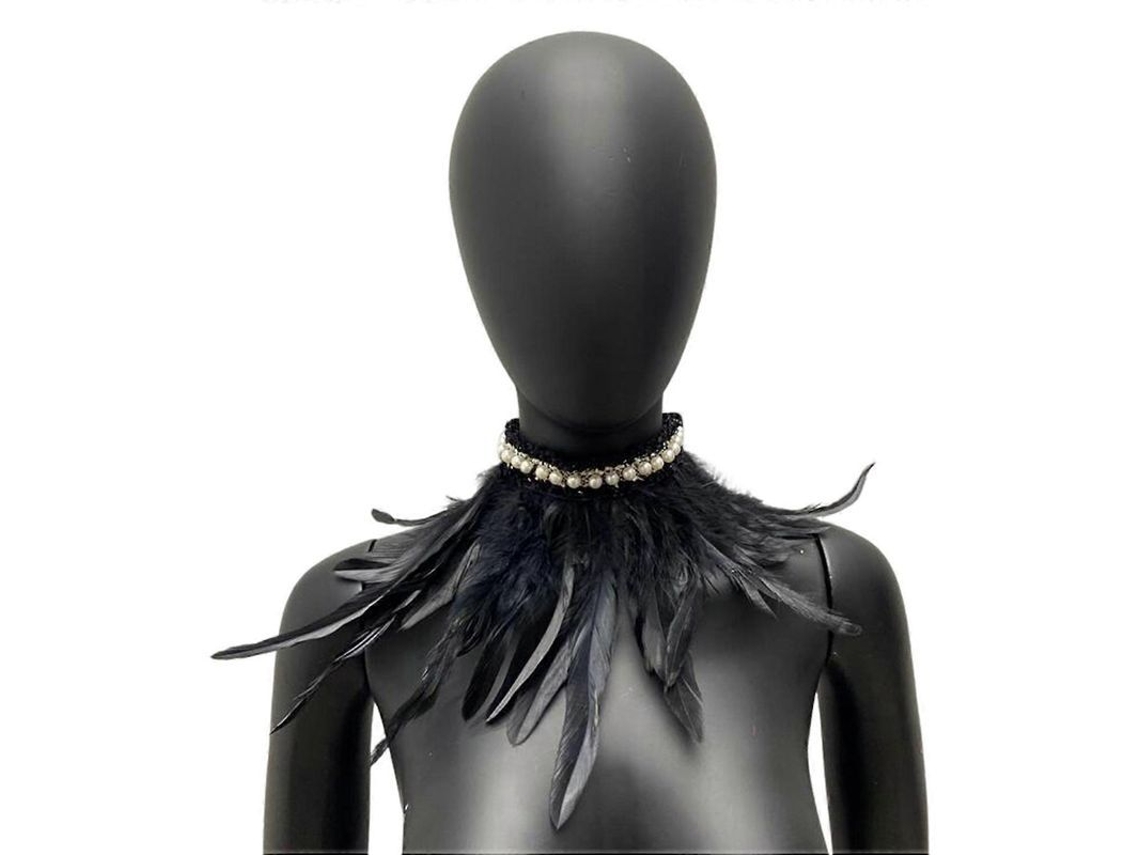 Cachecol de Penas Falsas com Pérolas Decorativo Soft Ajustável com Laço Gótico Retro para Cosplay e Festas Negro