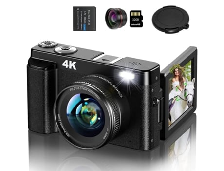Câmera Refletiva Digital LKC Dc101L 4K Uhd 48Mp Automático 16X Zoom 3 Polegadas Tela Lentes Intermutáveis + Lente Grande Angular + 128G- Preto