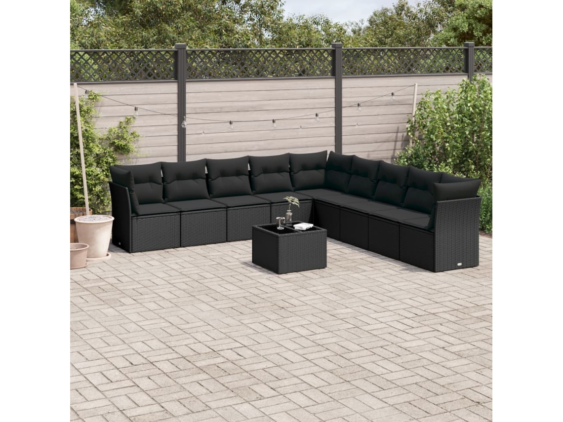 Vidaxl 10 Pcs Conjunto Sofás de Jardim C/ Almofadões Vime Pe Preto