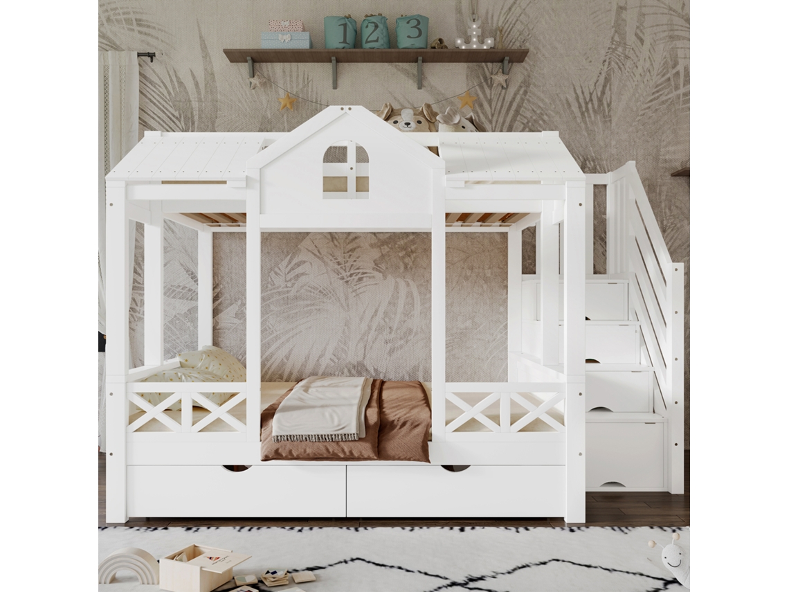 Cama Infantil 90x200cm 140x200cm Branco Com Gavetas E Estante
