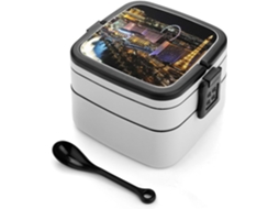 Lancheira Bento De 1000ml Com Estampa Las Vegas Night View, Empilhável E À Prova De Vazamentos, Com Colher Inclusa Ideal