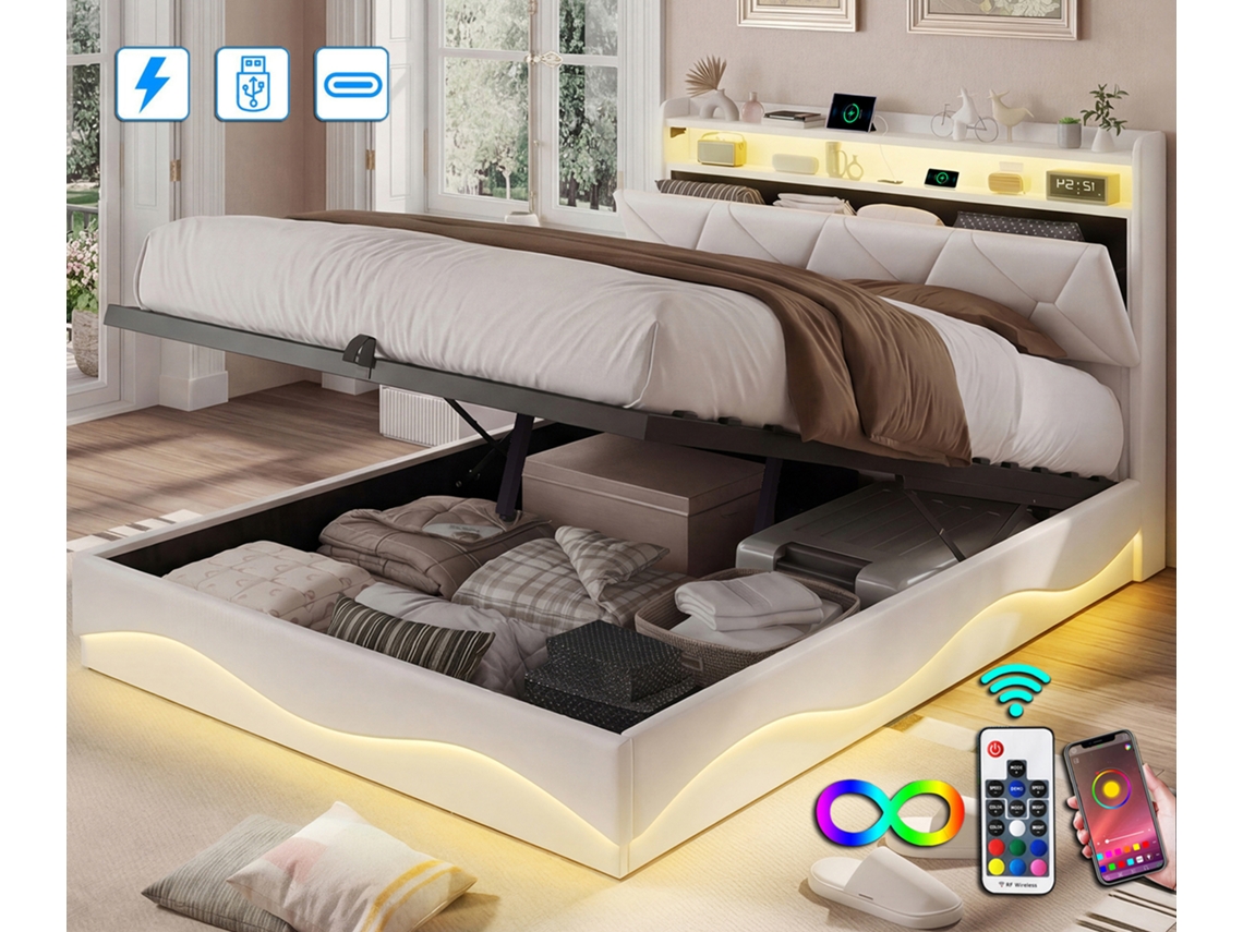 Cama Estofada 160x200 Cm, Cama De Casal, Com Luz Led E Usb, Com Caixa De Armazenamento, Tecido De Veludo - Bege