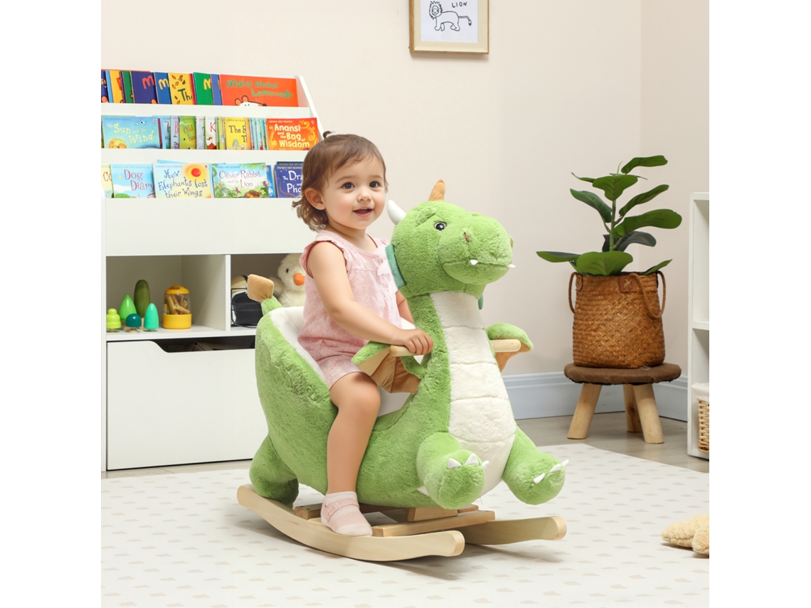 Balanço de Dinossauro Verde com Som Animal e Estrutura de Madeira 65x38x72 Cm, Assento Macio para Crianças