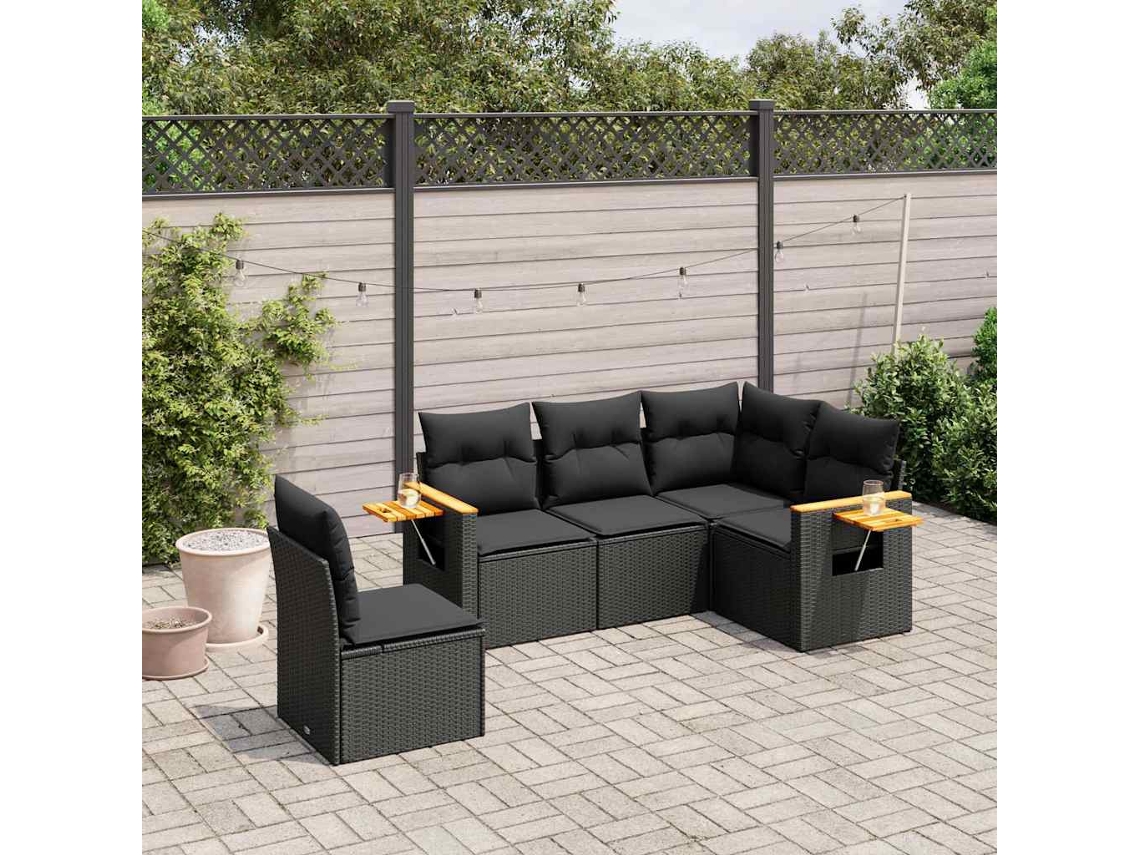 Vidaxl 5 Pcs Conjunto Sofás De Jardim Com Almofadões Vime Pe Preto