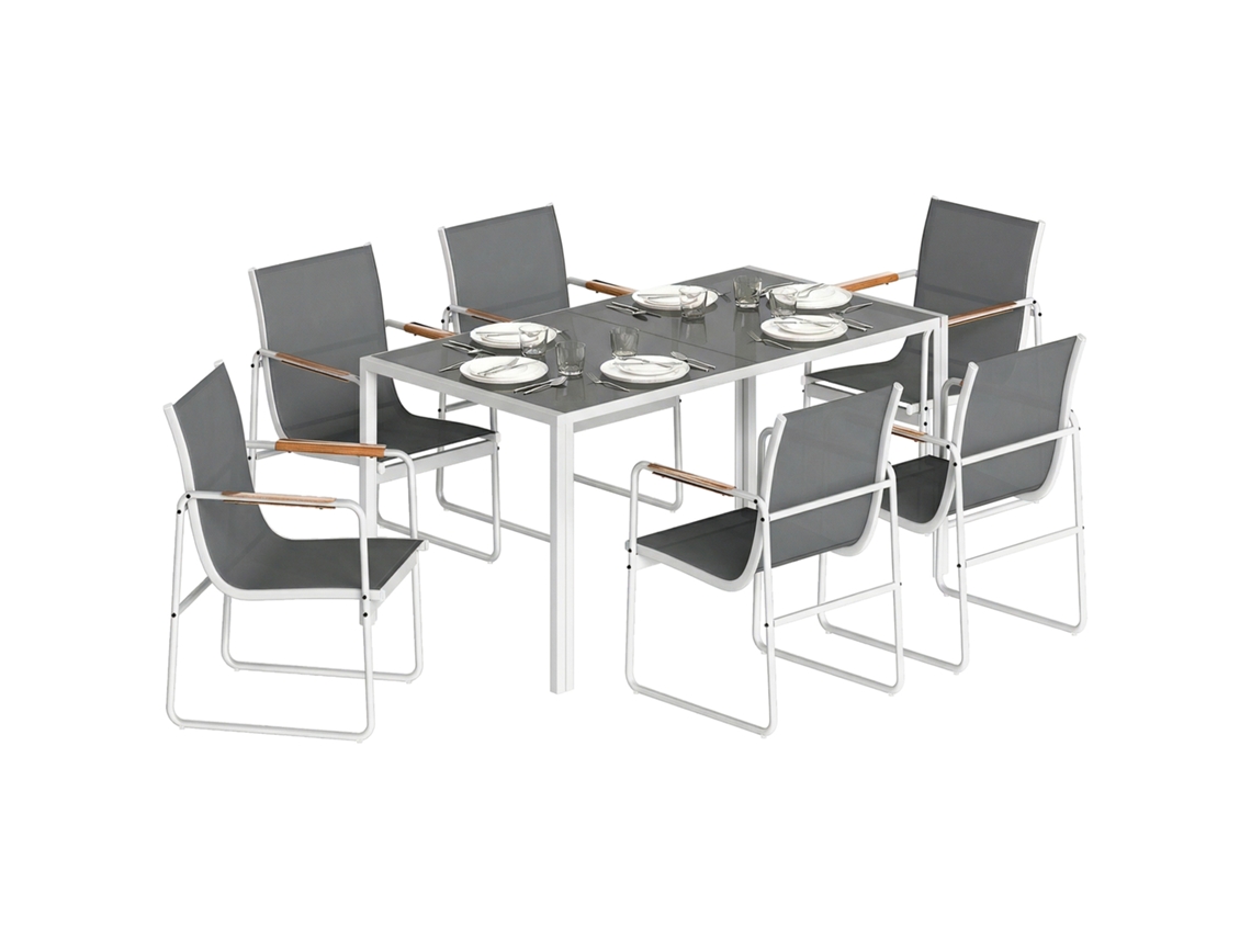 Conjunto de mesa e cadeiras de jardim com mesa de vidro temperado e 6 cadeiras transpiráveis BTFORUS
