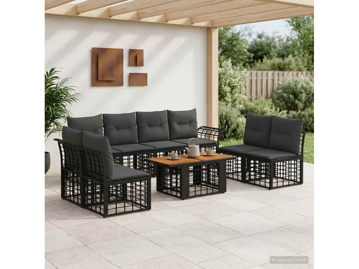 Vidaxl Conjunto De Sofá De Jardim 9 Unid. Preto E Cinza Escuro Vime Pe