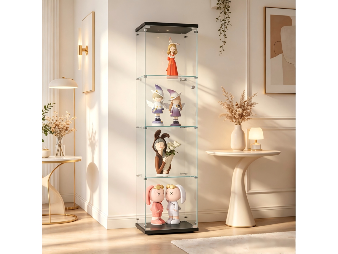 Vitrine De Vidro Temperado 4 Prateleiras,armário Expositor De Pé Com Porta,para Sala De Estar Escritório Quarto,preto,164x42.5x36.5cm