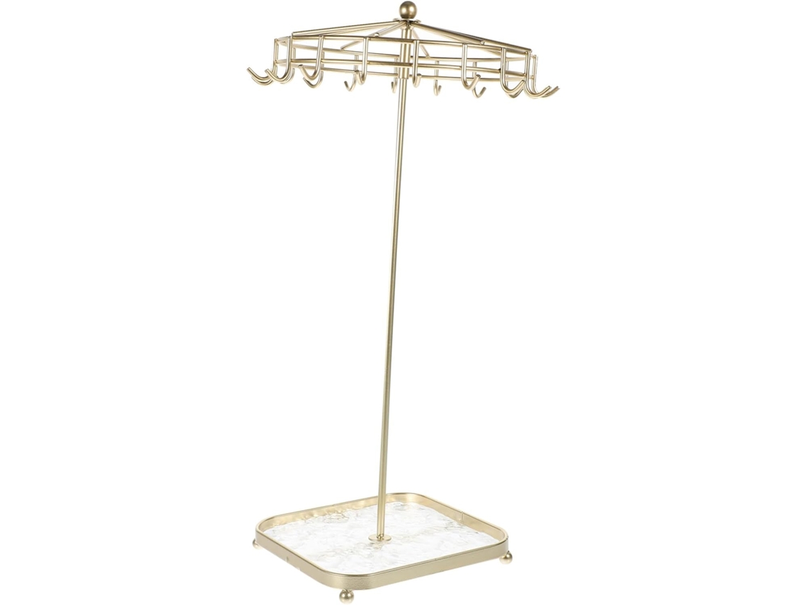 Suporte Giratório Para Joias, Elegante, Em Acrílico Dourado E Ferro, Com 18 Ganchos.