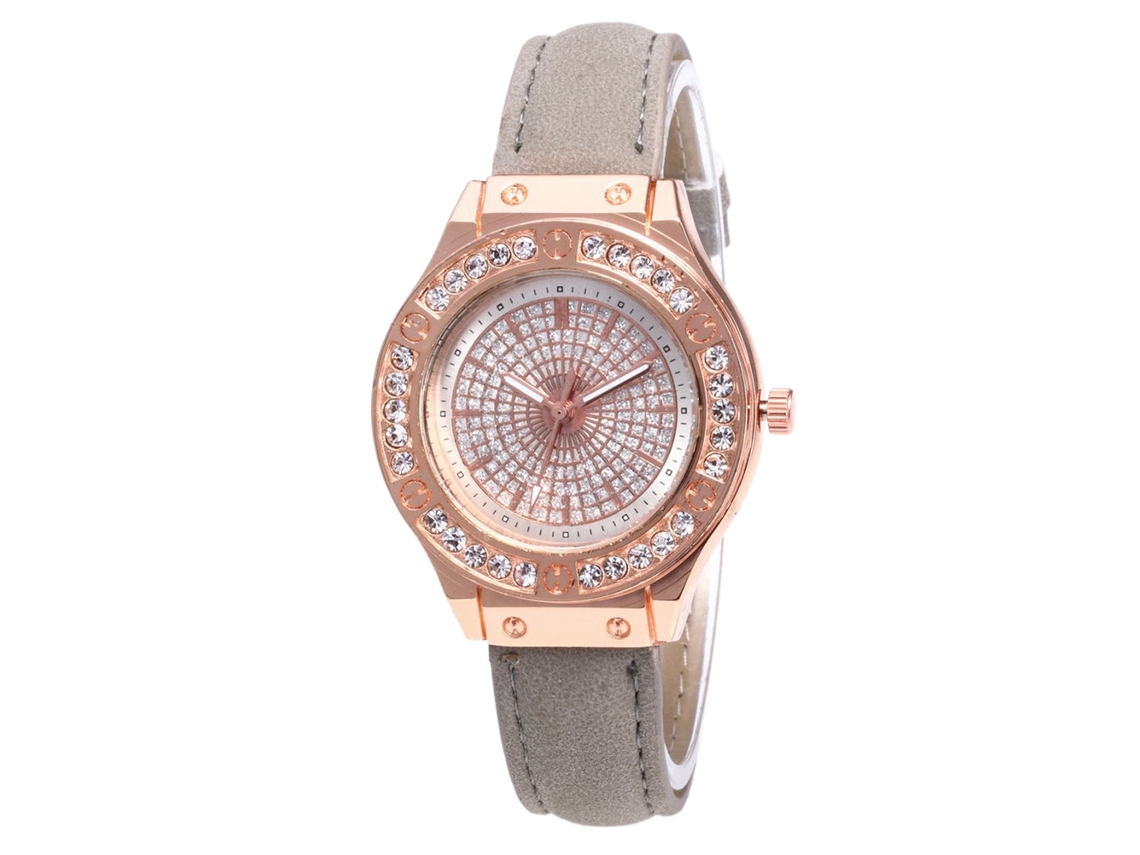 Relógio de Pulso Feminino de Quartzo com Pulseira de Couro Pu e Strass Cinza