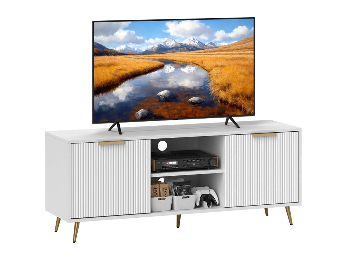 Móvel De Tv Moderno Branco Para Sala De Estar 120x35x48 Cm Com 2 Compartimentos Abertos Para Televisores Até 55 Polegadas