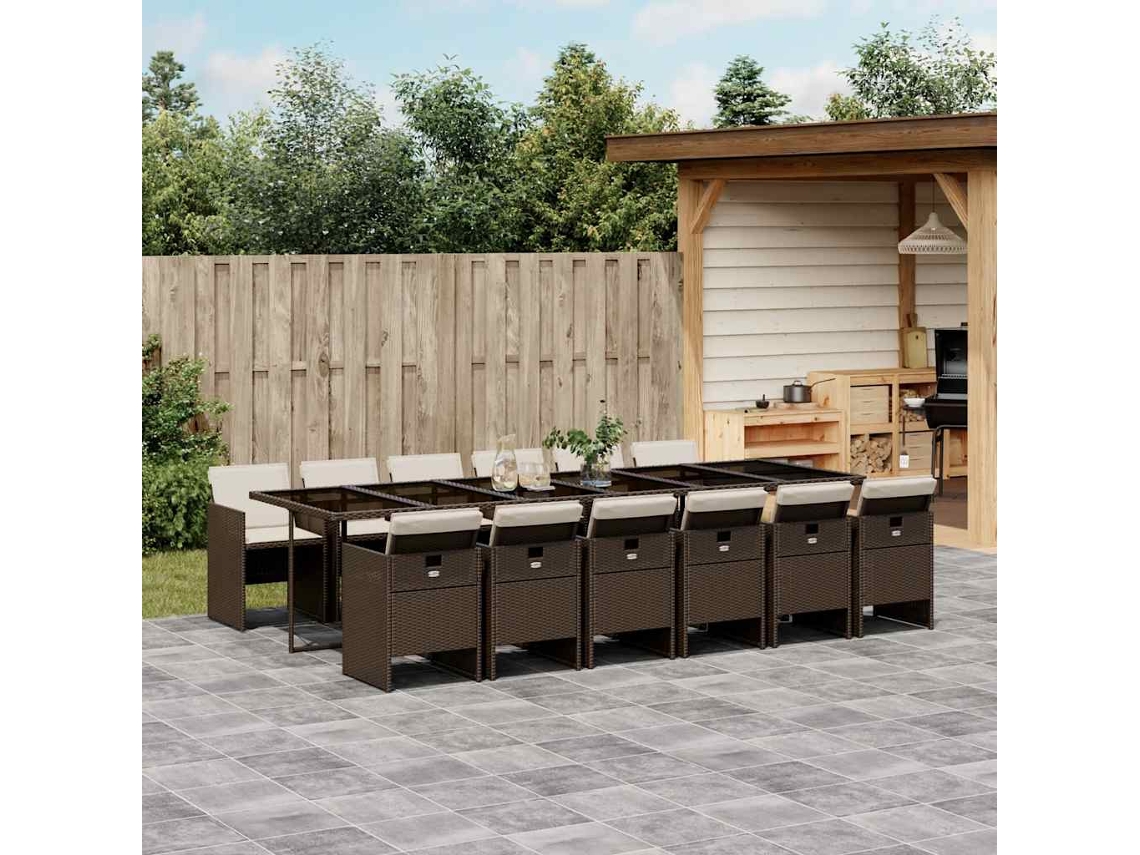 Vidaxl 13 Pcs Conjunto Jantar P/ Jardim C/ Almofadões Vime Pe Castanho