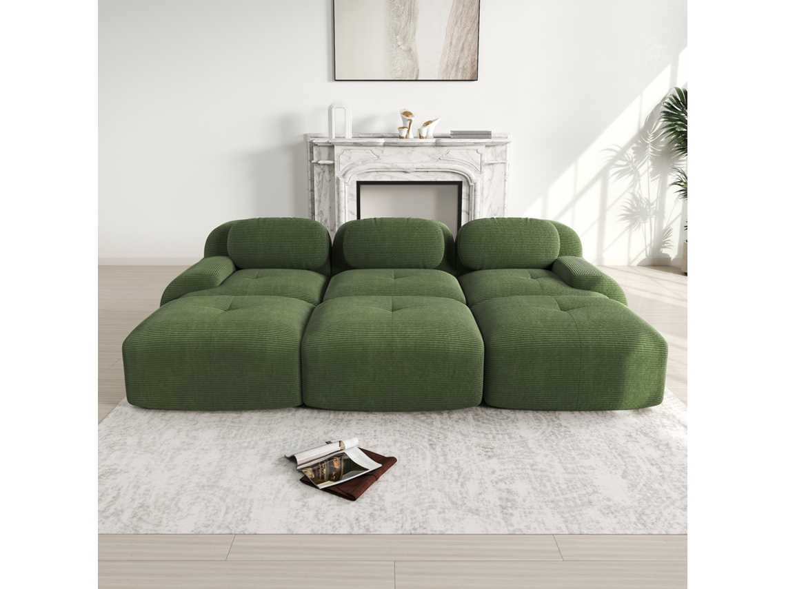 Sofá Modular De 3 Lugares Com 3 Pufes Sem Montagem, Adequado Para Animais De Estimação, Braços Ultra Rebatíveis Verde Mobrio