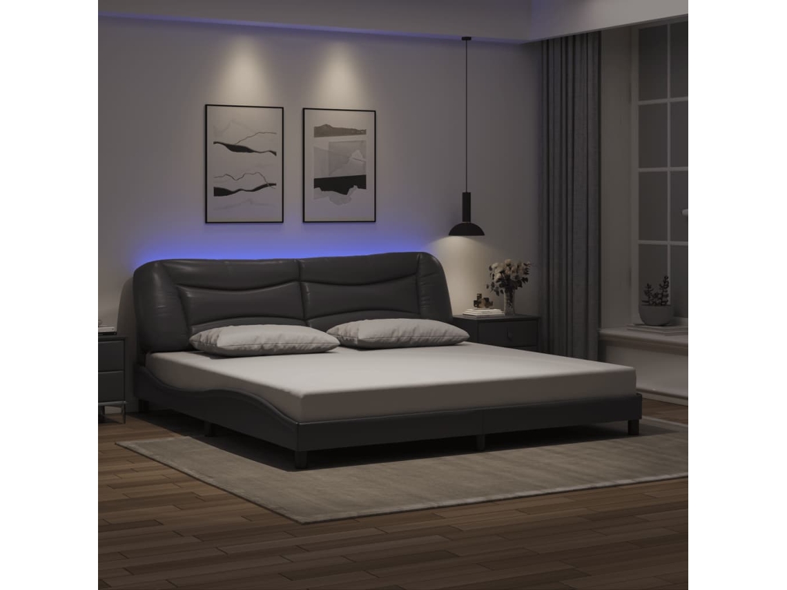 Estrutura Cama C/ Luzes Led 200x200cm Couro Artificial Cinzento