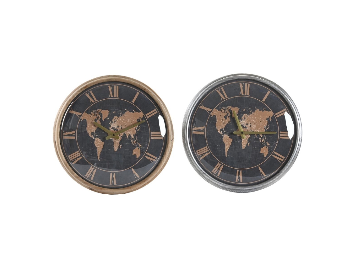 Relógio de Parede DKD HOME DECOR 46 X 6 5 X 46 Cm Cristal Prateado Preto Dourado Castanho Ferro Mapa Do Mundo 2 Unidades