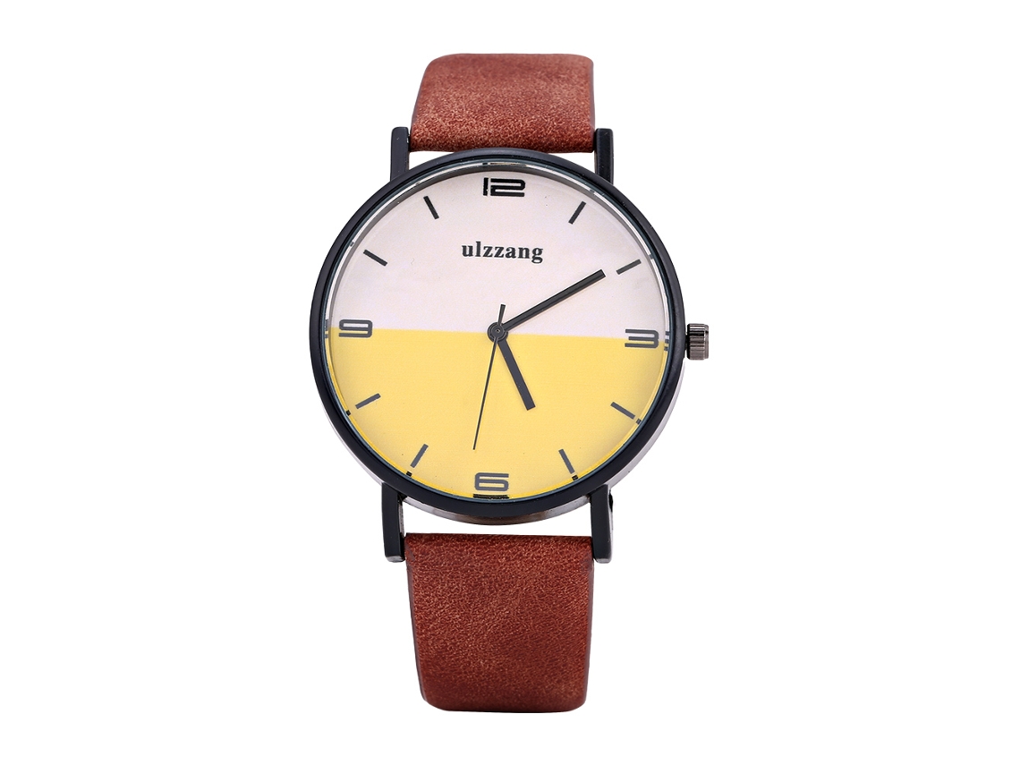 Reloj De Muñeca Analógico De Cuarzo Redondo Con Correa Pu (correa Café Dial Blanco Amarillo)