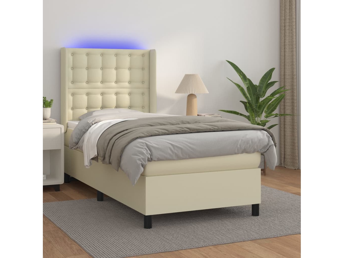 Vidaxl Cama Box Spring C/ Colchão/led 80x200 Cm Couro Artificial Creme